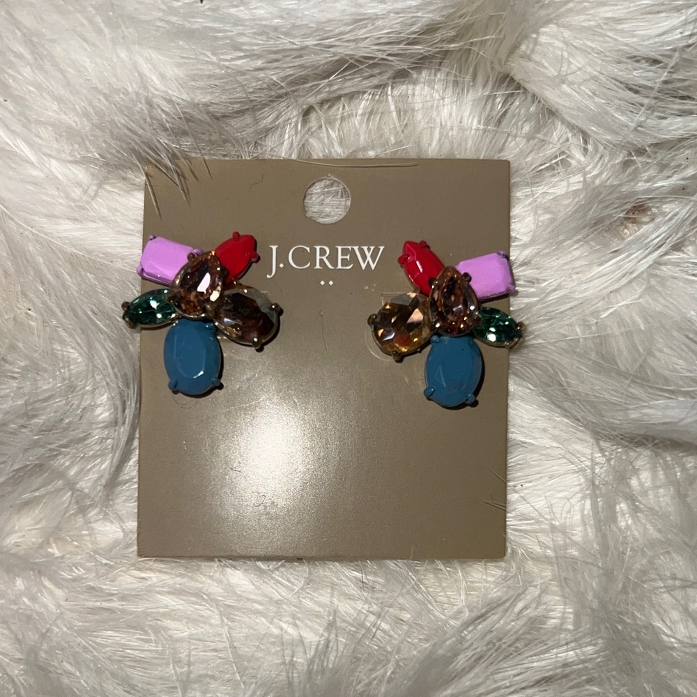 J. Crew New Multicolor Crystal Cluster Stud Earrings in Blue Pink & Red Vintage